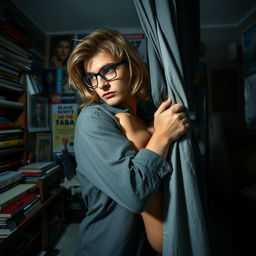 A young man with long blonde dark hair wearing glasses, hastily hiding a lifelike mannequin of a man's body in a dimly lit room