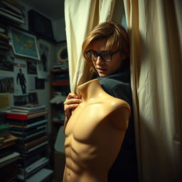 A young man with long blonde dark hair wearing glasses, hastily hiding a lifelike mannequin of a man's body in a dimly lit room