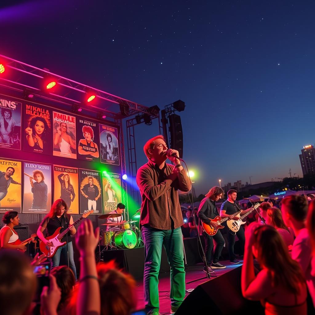A vibrant scene depicting a band performing on stage, with a charismatic lead singer holding a microphone passionately
