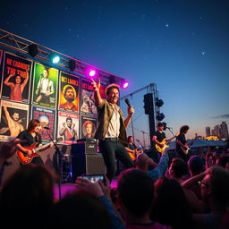 A vibrant scene depicting a band performing on stage, with a charismatic lead singer holding a microphone passionately