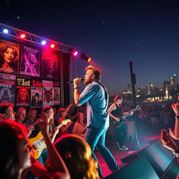 A vibrant scene depicting a band performing on stage, with a charismatic lead singer holding a microphone passionately