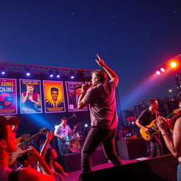 A vibrant scene depicting a band performing on stage, with a charismatic lead singer holding a microphone passionately