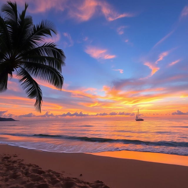 A tranquil beach scene during sunset, featuring golden sands and gentle waves lapping at the shore