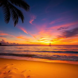 A tranquil beach scene during sunset, featuring golden sands and gentle waves lapping at the shore