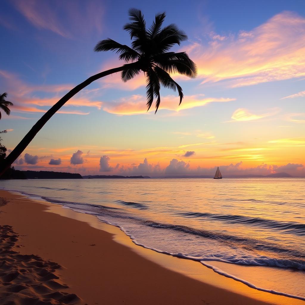 A tranquil beach scene during sunset, featuring golden sands and gentle waves lapping at the shore