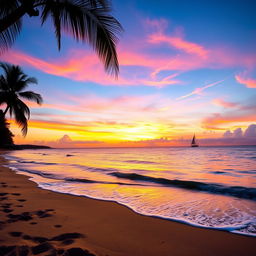 A tranquil beach scene during sunset, featuring golden sands and gentle waves lapping at the shore
