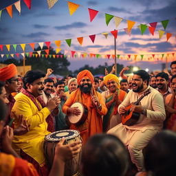 A lively and colorful scene depicting a group of musicians performing a traditional Bicced song
