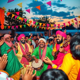 A lively and colorful scene depicting a group of musicians performing a traditional Bicced song