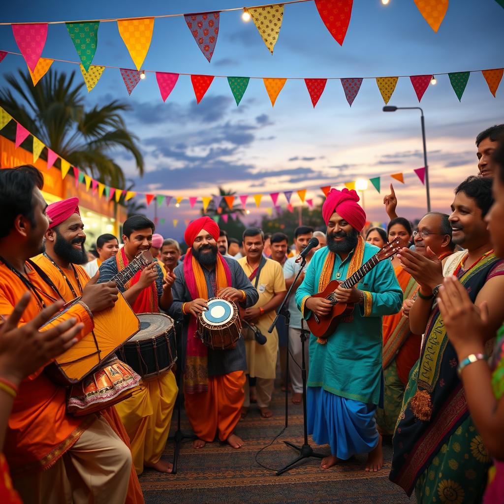 A lively and colorful scene depicting a group of musicians performing a traditional Bicced song