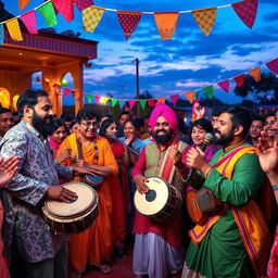 A lively and colorful scene depicting a group of musicians performing a traditional Bicced song