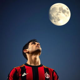 A portrait of Brazilian footballer Ricardo Kakà, wearing his iconic red and black striped AC Milan jersey, gazing contemplatively toward a full moon in a clear night sky