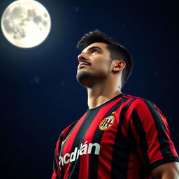 A portrait of Brazilian footballer Ricardo Kakà, wearing his iconic red and black striped AC Milan jersey, gazing contemplatively toward a full moon in a clear night sky