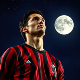 A portrait of Brazilian footballer Ricardo Kakà, wearing his iconic red and black striped AC Milan jersey, gazing contemplatively toward a full moon in a clear night sky