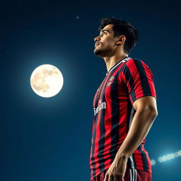 A portrait of Brazilian footballer Ricardo Kakà, wearing his iconic red and black striped AC Milan jersey, gazing contemplatively toward a full moon in a clear night sky