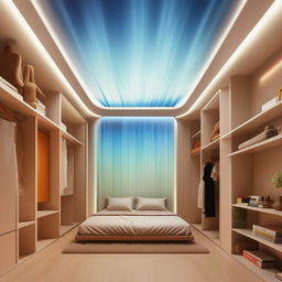 Render a large room with a skies-like ceiling. A centrally positioned bed is attached to the wall, near a partial-wall-sized mirror and a large, compartmentalized wardrobe. The floor is covered with a soft mat, while a wall waterfall faces the bed. One wall is empty with a playful light-dark gradient. Include an expansive study table and numerous shelves on a wall.