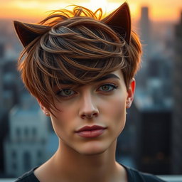 A stylish portrait of a person with a trendy wolf cut hairstyle, featuring layers of textured hair framing the face