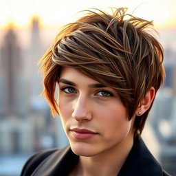 A stylish portrait of a person with a trendy wolf cut hairstyle, featuring layers of textured hair framing the face