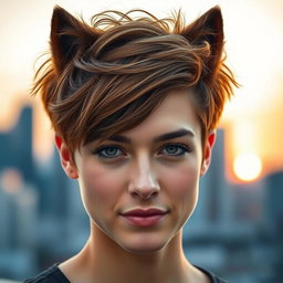 A stylish portrait of a person with a trendy wolf cut hairstyle, featuring layers of textured hair framing the face