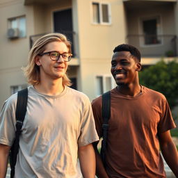A young man with long blonde dark hair wearing glasses, walking alongside a young Black man in front of a modest, inexpensive apartment building