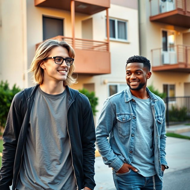 A young man with long blonde dark hair wearing glasses, walking alongside a young Black man in front of a modest, inexpensive apartment building