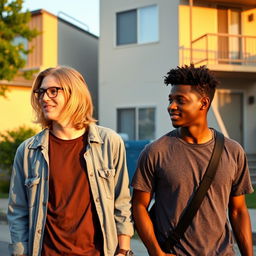 A young man with long blonde dark hair wearing glasses, walking alongside a young Black man in front of a modest, inexpensive apartment building