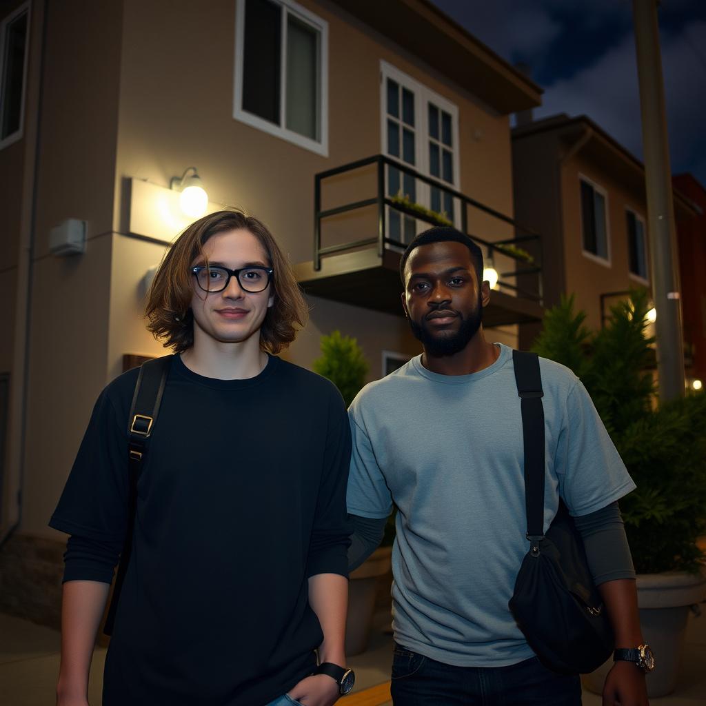 A young man with long dark blonde hair and glasses, walking alongside a black man, both dressed casually