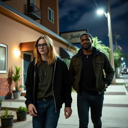 A young man with long dark blonde hair and glasses, walking alongside a black man, both dressed casually