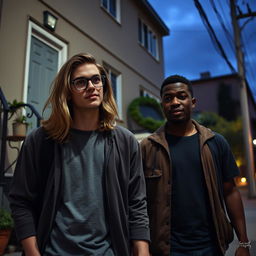 A young man with long dark blonde hair and glasses, walking alongside a black man, both dressed casually