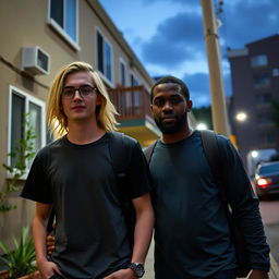 A young man with long dark blonde hair and glasses, walking alongside a black man, both dressed casually