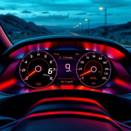 A sleek, stylized car dashboard displaying a digital interface