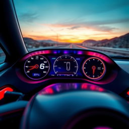 A sleek, stylized car dashboard displaying a digital interface