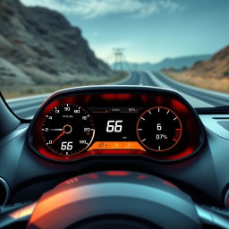 A sleek, stylized car dashboard displaying a digital interface