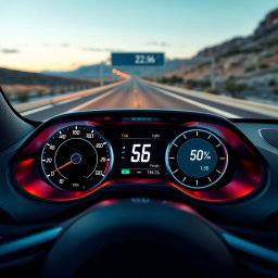 A sleek, stylized car dashboard displaying a digital interface