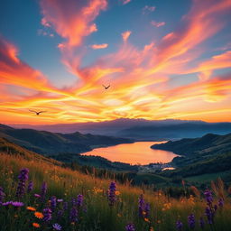 A vibrant sunset landscape with a breathtaking view of rolling hills and a calm lake reflecting the colorful sky