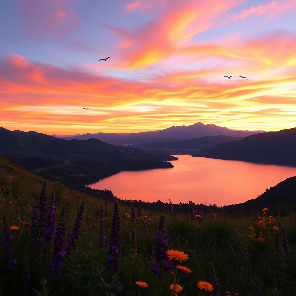 A vibrant sunset landscape with a breathtaking view of rolling hills and a calm lake reflecting the colorful sky