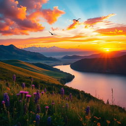 A vibrant sunset landscape with a breathtaking view of rolling hills and a calm lake reflecting the colorful sky