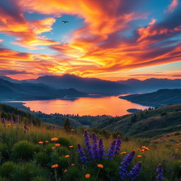 A vibrant sunset landscape with a breathtaking view of rolling hills and a calm lake reflecting the colorful sky