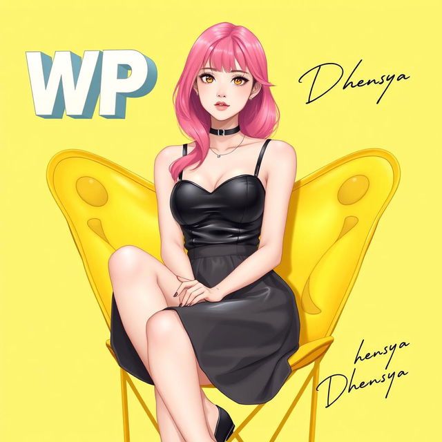 A realistic illustration of a pink-haired Korean lady wearing a black leather sweetheart tank top and a high-waist cotton A-line skirt, sitting comfortably on a yellow butterfly-winged chair
