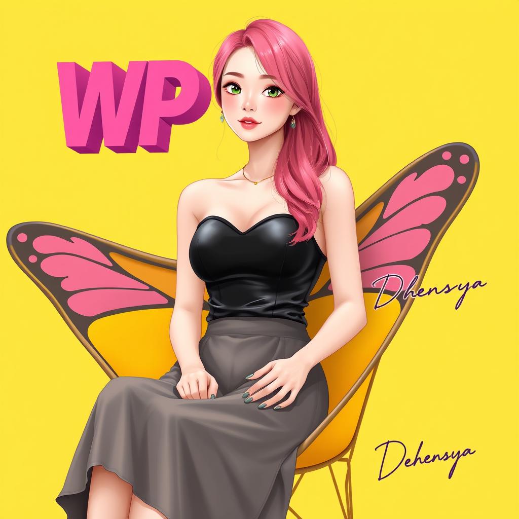 A realistic illustration of a pink-haired Korean lady wearing a black leather sweetheart tank top and a high-waist cotton A-line skirt, sitting comfortably on a yellow butterfly-winged chair