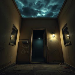 An unsettling scene featuring a cheap apartment building with a worn-down, eerie door
