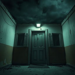 An unsettling scene featuring a cheap apartment building with a worn-down, eerie door