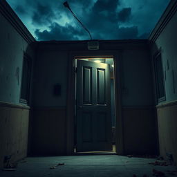 An unsettling scene featuring a cheap apartment building with a worn-down, eerie door