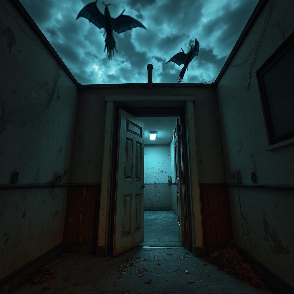 An unsettling scene featuring a cheap apartment building with a worn-down, eerie door