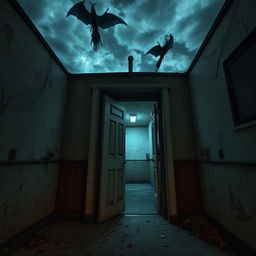 An unsettling scene featuring a cheap apartment building with a worn-down, eerie door