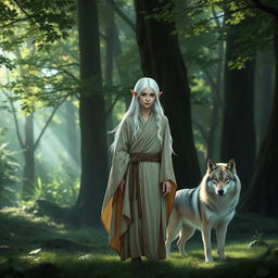 A serene scene depicting a blue-eyed, white-haired female elf druid standing in a lush, enchanted forest