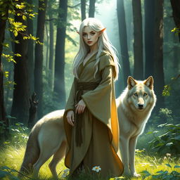 A serene scene depicting a blue-eyed, white-haired female elf druid standing in a lush, enchanted forest