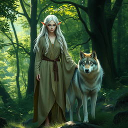 A serene scene depicting a blue-eyed, white-haired female elf druid standing in a lush, enchanted forest