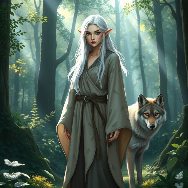 A serene scene depicting a blue-eyed, white-haired female elf druid standing in a lush, enchanted forest