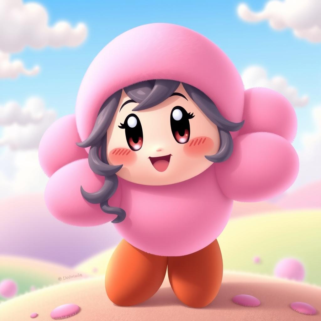 A vibrant and enchanting character named Dionela dressed as Kirby, the iconic pink video game character