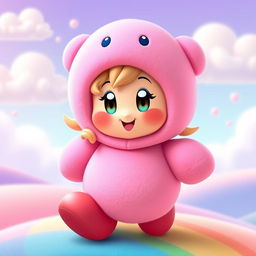 A vibrant and enchanting character named Dionela dressed as Kirby, the iconic pink video game character